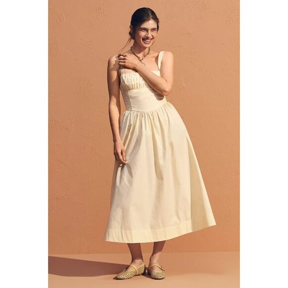 By Anthropologie Drop-Waist Ruched Midi Dress Butter Yellow XL - Picture 2 of 3